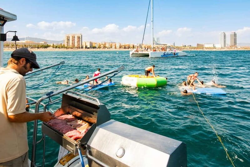 Barcelona: Catamaran Party Cruise with BBQ Meal - The cruise to Badalona and the first hour onboard